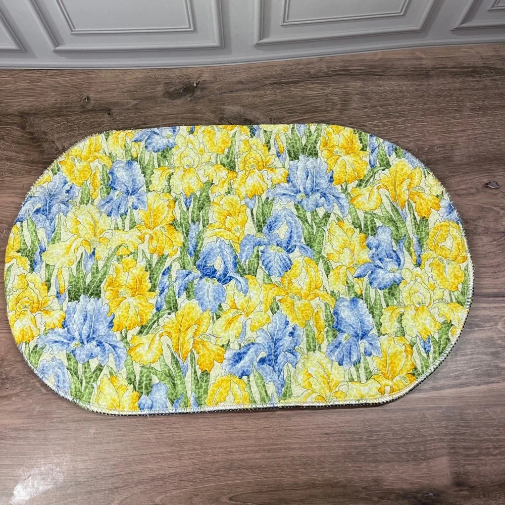 Handmade Placemats Yellow Blue Reversible Floral Iris Oval Quilted Set of 2